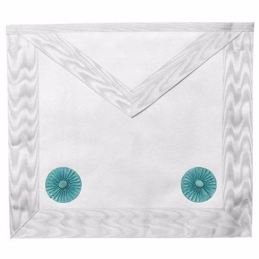 Fellowcraft Blue Lodge Masonic Apron - All White Moire with Two Turquoise Rosettes-Aprons-Masonic Makers