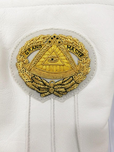Grand Master Blue Lodge Masonic Glove - White Leather with Gold Machine Embroidered Emblem-Gloves-Masonic Makers