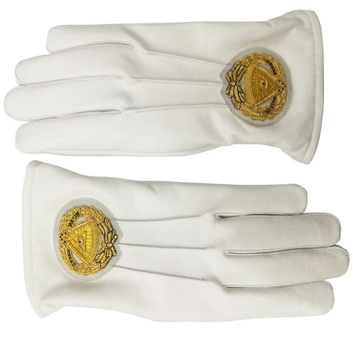 Grand Master Blue Lodge Masonic Glove - White Leather with Gold Machine Embroidered Emblem-Gloves-Masonic Makers