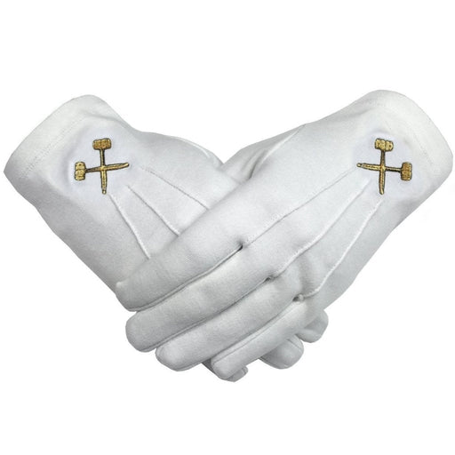 Masonic Glove - White Cotton with Gold Crossed Trowels Machine Embroidery-Gloves-Masonic Makers