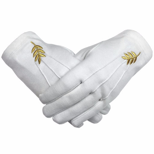 Masonic Glove - White Cotton with Golden Acacia Leaf-Gloves-Masonic Makers