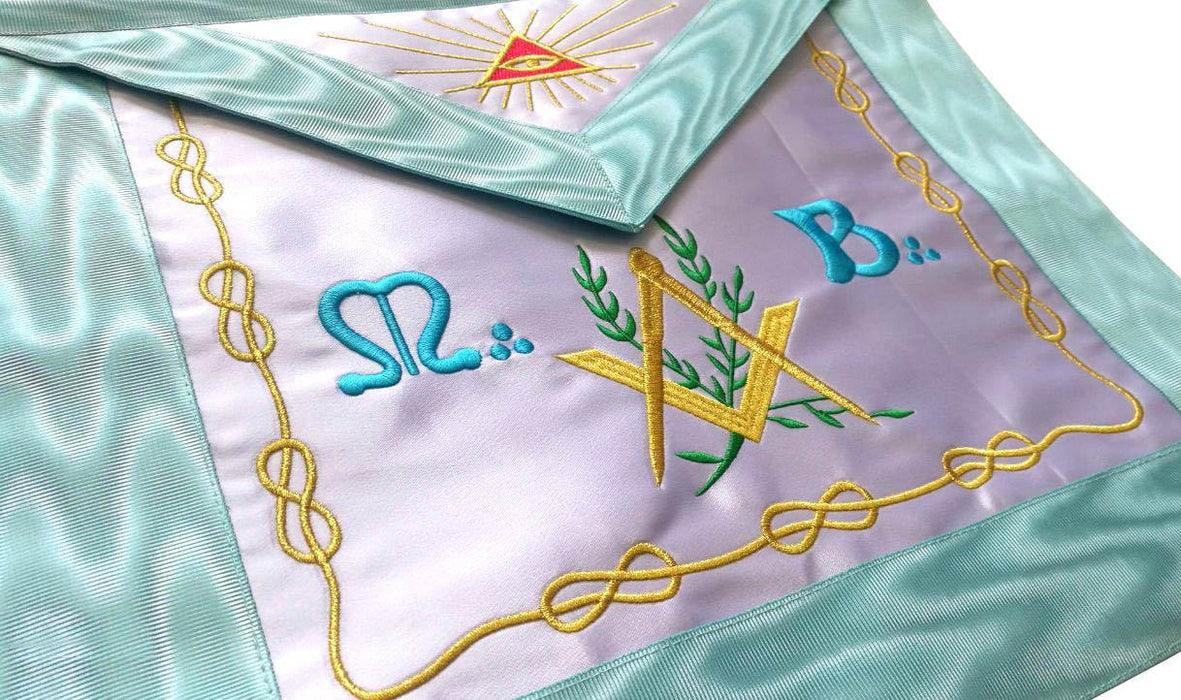 Master Mason Blue Lodge French Masonic Apron - Sky Blue Silk & Moire Machine Embroidery-Aprons-Masonic Makers