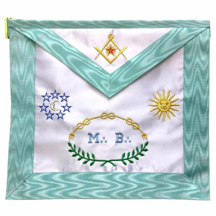 Master Mason Blue Lodge French Masonic Apron - Sky Blue Silk & Moire Moon & Sun-Aprons-Masonic Makers