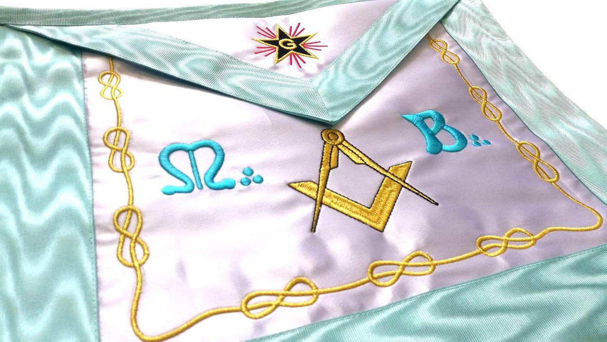 Master Mason Blue Lodge French Masonic Apron - White & Sky Blue Star G Machine Embroidery-Aprons-Masonic Makers