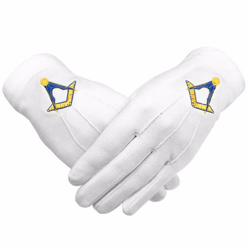 Master Mason Blue Lodge Masonic Glove - Cotton with Yellow and Blue Square & Compass-Gloves-Masonic Makers