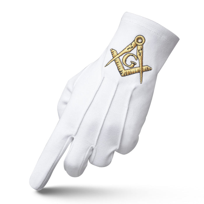 Master Mason Blue Lodge Masonic Glove - Pure Cotton Gold Square & Compass G-Gloves-Masonic Makers