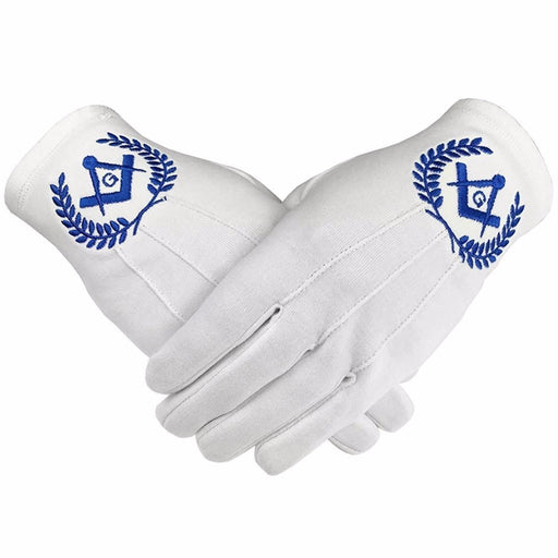 Master Mason Blue Lodge Masonic Glove - White Cotton with Blue Square & Compass G-Gloves-Masonic Makers