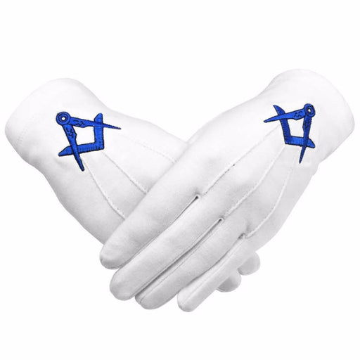 Master Mason Blue Lodge Masonic Glove - White Cotton with Blue Square & Compass-Gloves-Masonic Makers