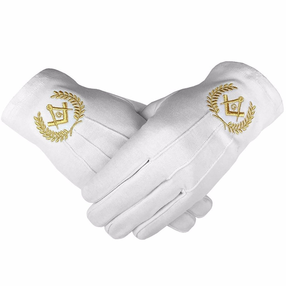 Master Mason Blue Lodge Masonic Glove - White Cotton with Gold Square & Compass G-Gloves-Masonic Makers