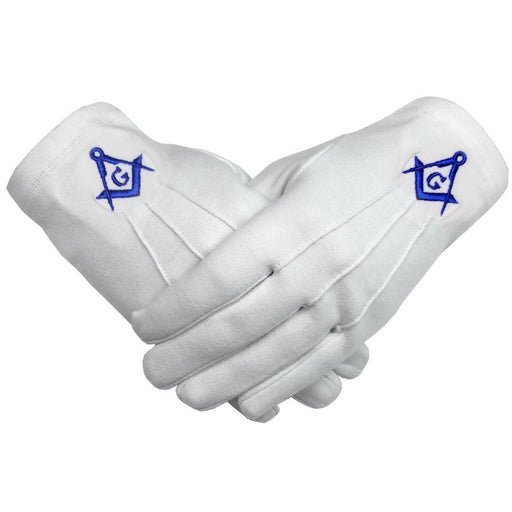 Master Mason Blue Lodge Masonic Glove - White Cotton with Royal Blue Square & Compass G-Gloves-Masonic Makers