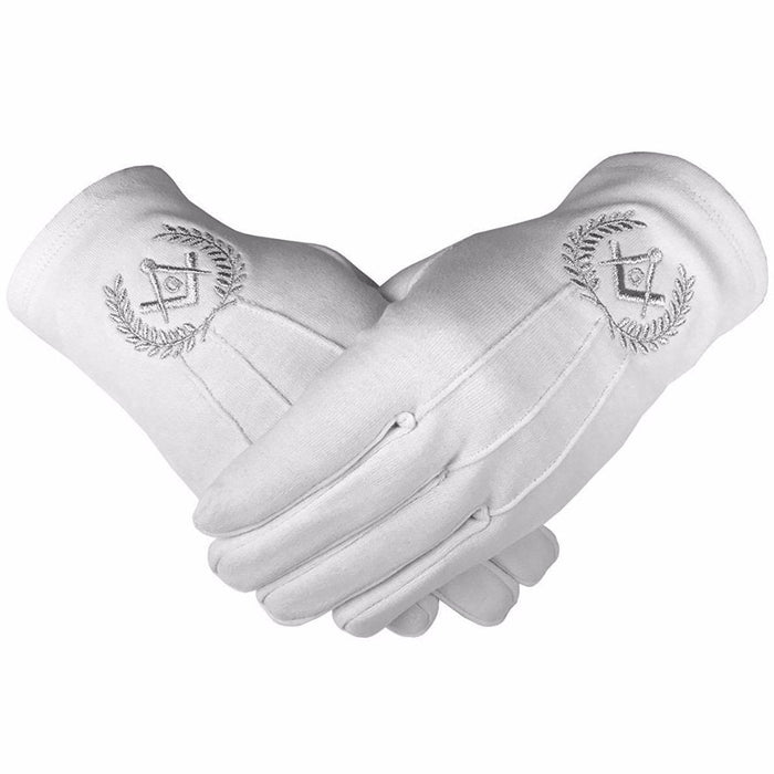 Master Mason Blue Lodge Masonic Glove - White Cotton with Silver Square & Compass G-Gloves-Masonic Makers