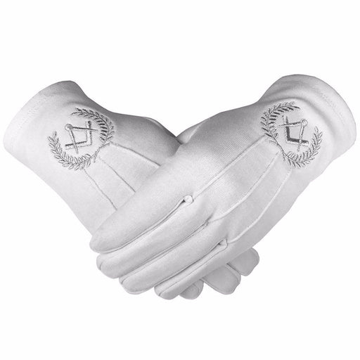 Master Mason Blue Lodge Masonic Glove - White Cotton with Silver Square & Compass-Gloves-Masonic Makers