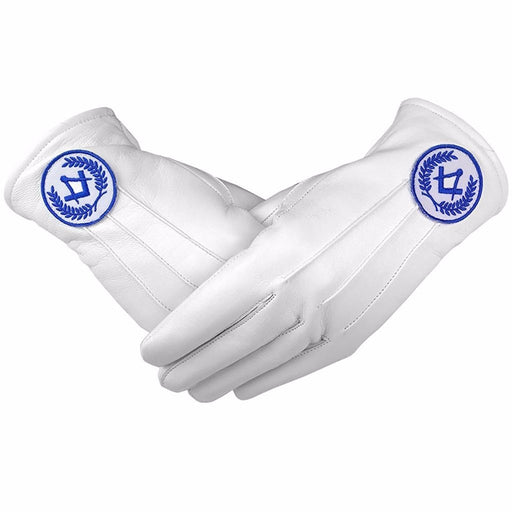 Master Mason Blue Lodge Masonic Glove - White Leather with Blue Square & Compass-Gloves-Masonic Makers