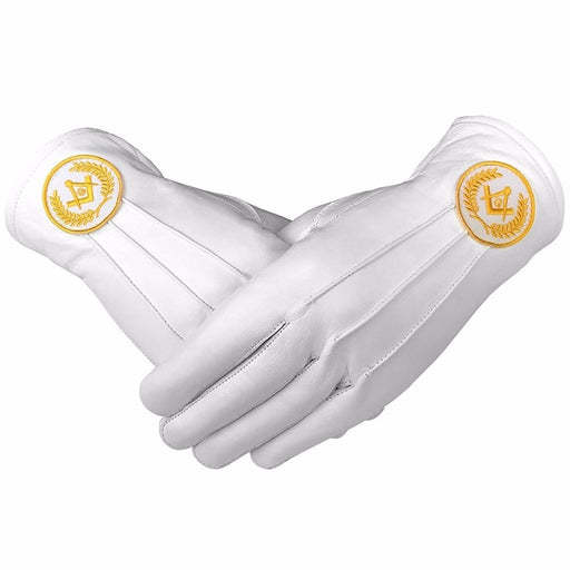 Master Mason Blue Lodge Masonic Glove - White Leather with Yellow Square & Compass G-Gloves-Masonic Makers