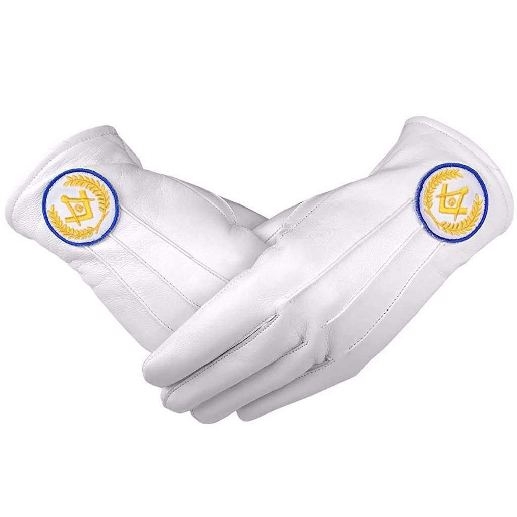 Master Mason Blue Lodge Masonic Glove - White Leather with Yellow and Blue Square & Compass G-Gloves-Masonic Makers