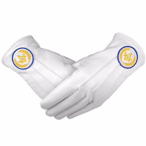 Master Mason Blue Lodge Masonic Glove - White Leather with Yellow and Blue Square & Compass G-Gloves-Masonic Makers