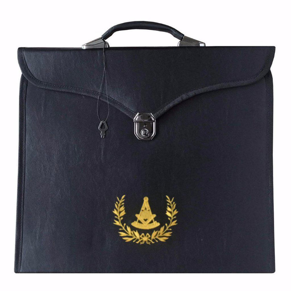 Past Master Blue Lodge Masonic Apron Case - Black Leather with Yellow Acacia-Apron Cases-Masonic Makers