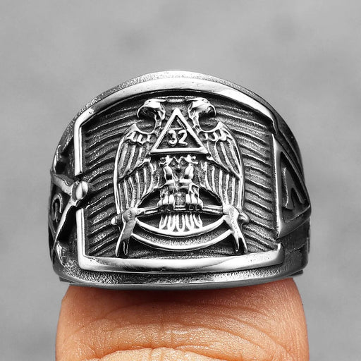 32 Degree Scottish Rite Masonic Vintage Stainless Steel Ring  - Silver