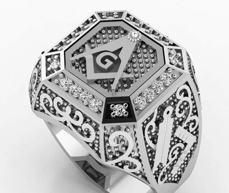 Master Mason Blue Lodge Unique Masonic Ring - Rhinestone