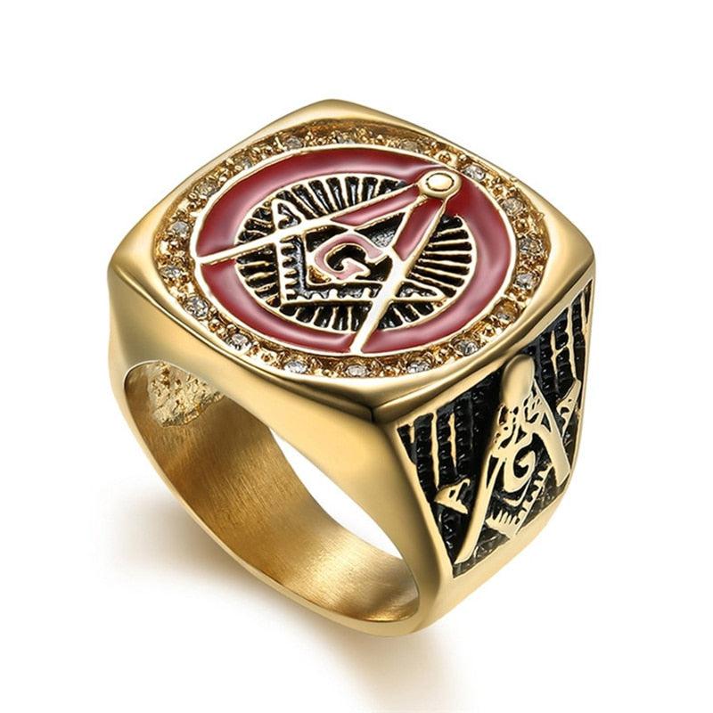 Blue Lodge Vintage Freemasonry Ring - Signet in Red & Stainless Steel-rings-Masonic Makers