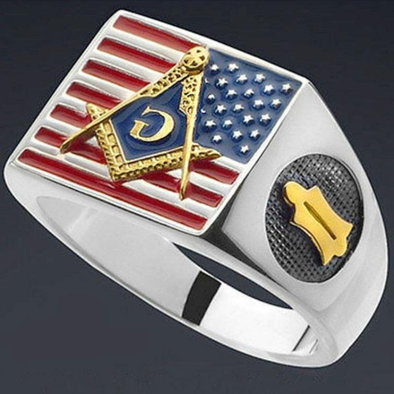 Master Mason Silver Vintage Masonic Ring - USA Flag-rings-Masonic Makers